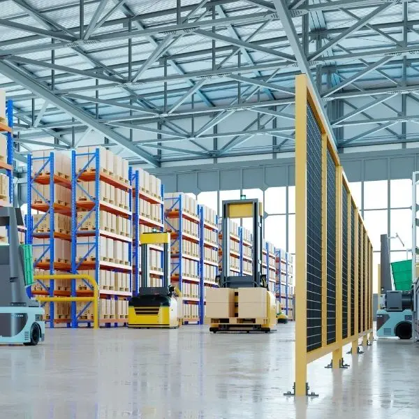 A warehouse with many rows of shelves and a forklift.