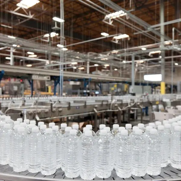 A large amount of bottled water is being processed.