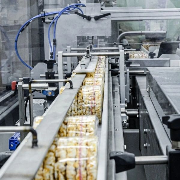 A conveyer belt with many trays of food on it