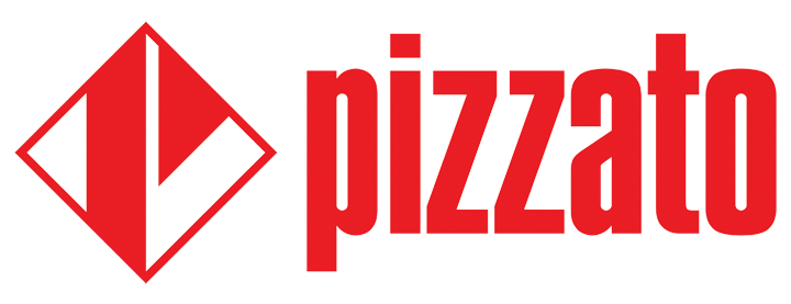 A red and black logo for pizza